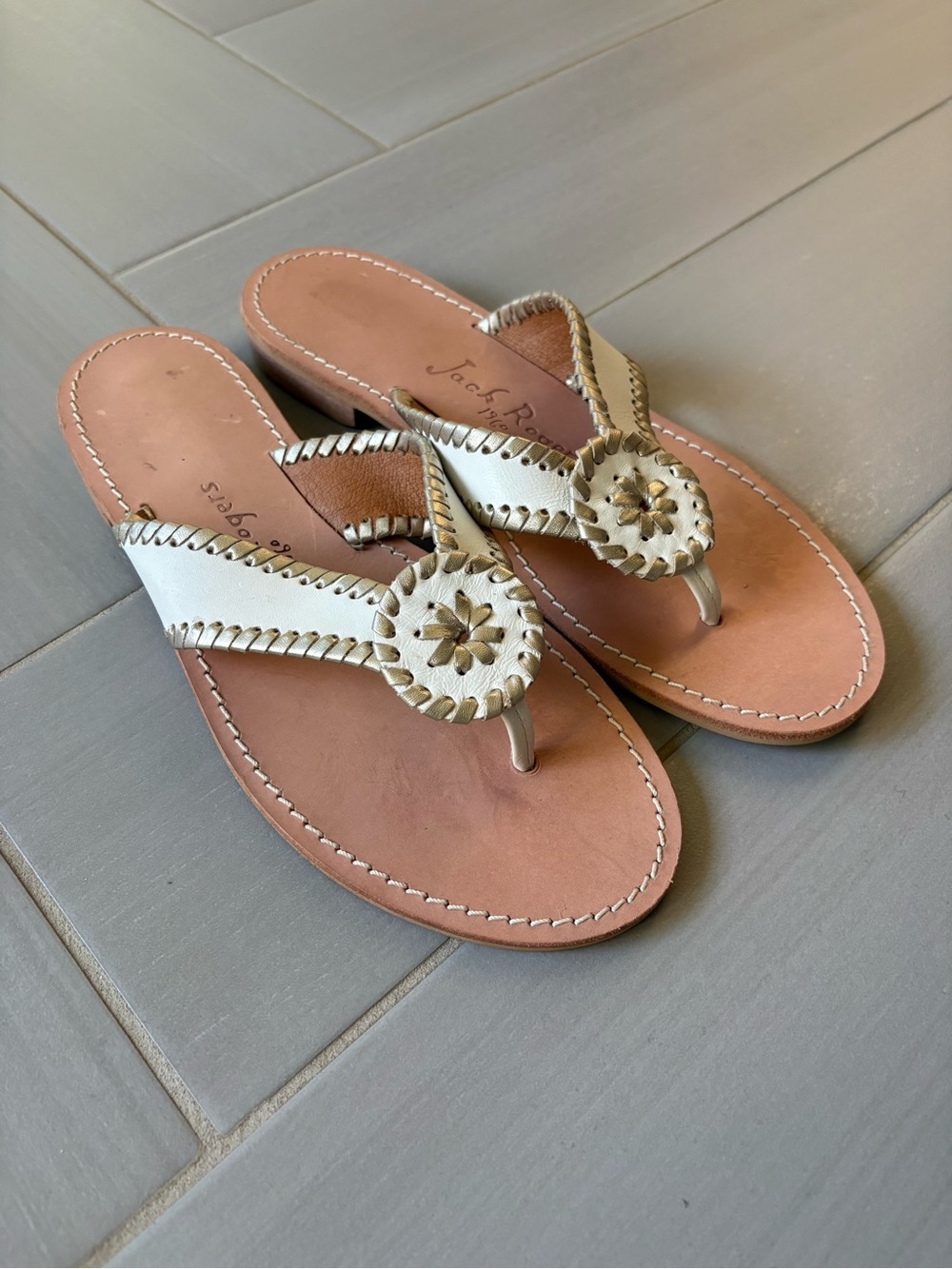 Jack Rogers White Leather Thong Sandals with Rosette